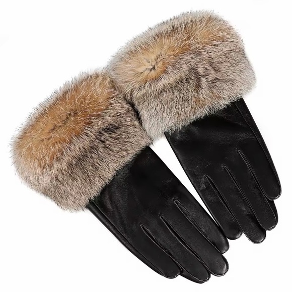 New Sheepskin Black Leather Gloves with Real Rabbit Fur Trim - Picture 2 of 5